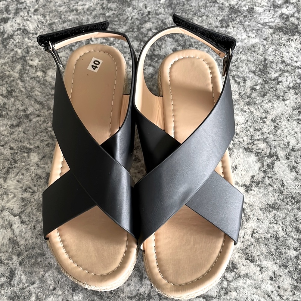 Open toe beach wedges. Black. Size 8.5